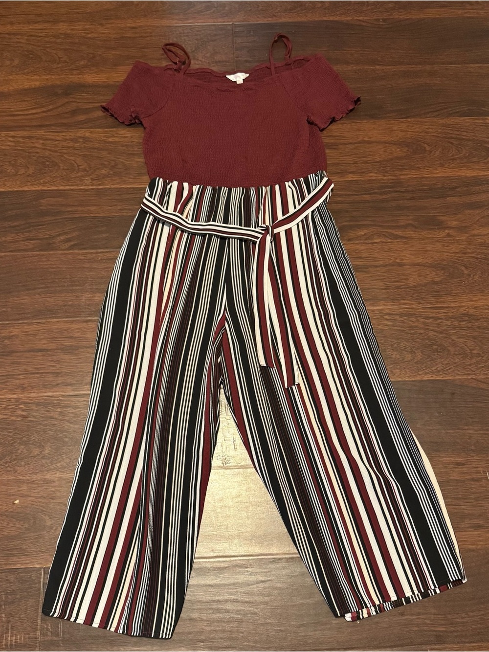 No Boundaries XXL Burgundy Striped Wide Leg Jumpsuit Short Sleeve